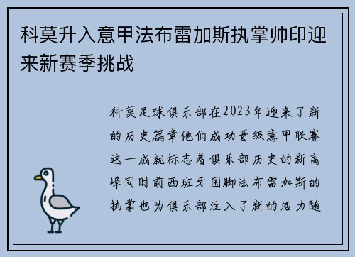 科莫升入意甲法布雷加斯执掌帅印迎来新赛季挑战