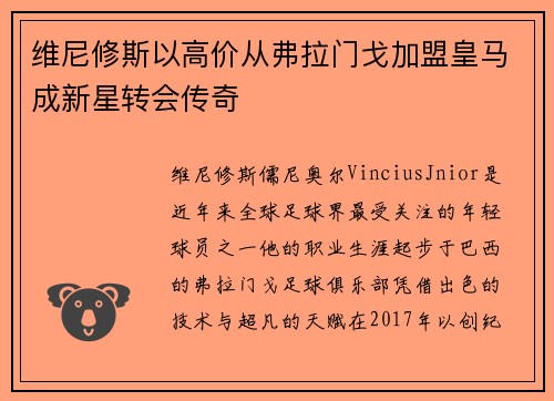 维尼修斯以高价从弗拉门戈加盟皇马成新星转会传奇