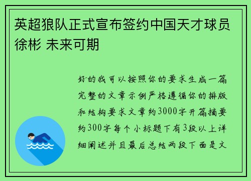 英超狼队正式宣布签约中国天才球员徐彬 未来可期