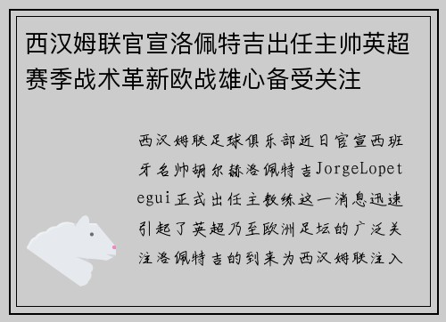 西汉姆联官宣洛佩特吉出任主帅英超赛季战术革新欧战雄心备受关注